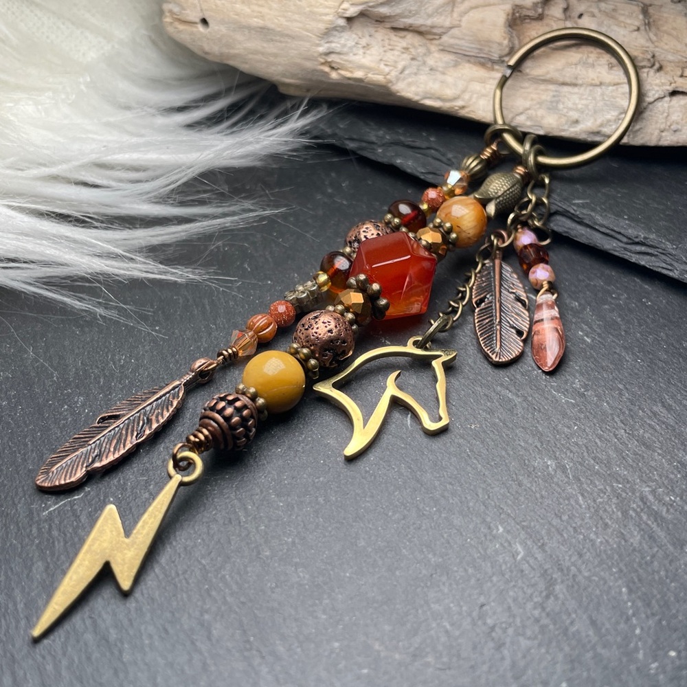 Desert Storm Carnelian, Tigers Eye & Jasper | Horse Feather Keychain Charm - Picture 7 of 11